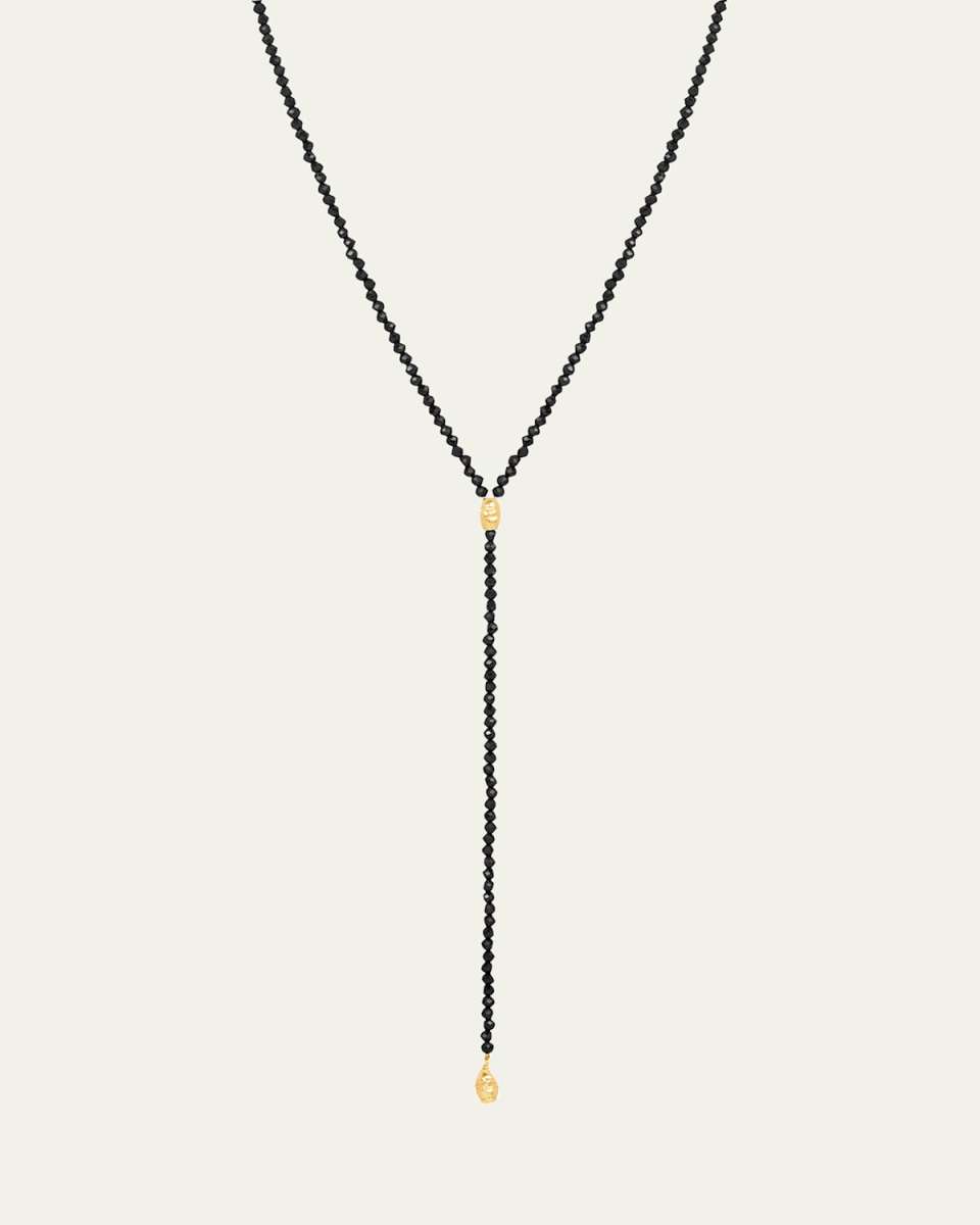 Micro Faceted Black Spinel Lariat Necklace with 14K Gold Filled Textured Orzo Beads